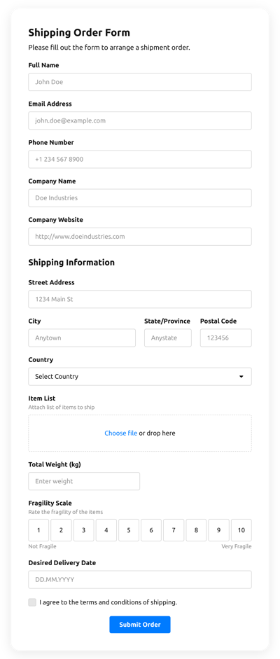 Create Product Order Form Template for Html free plugin