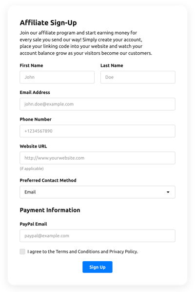 Affiliate Sign Up Form
