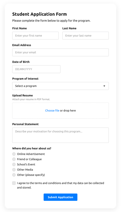Create Student Application Form Template for Your Website [free forms]