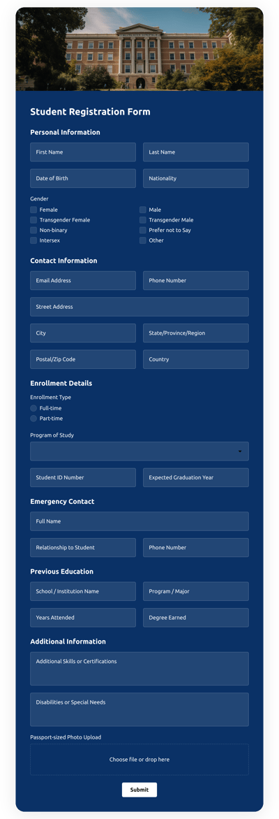 Student Registration Application Form