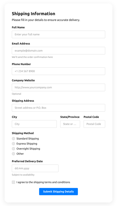 Create Shipping Order Form Template for Your Website [free forms]
