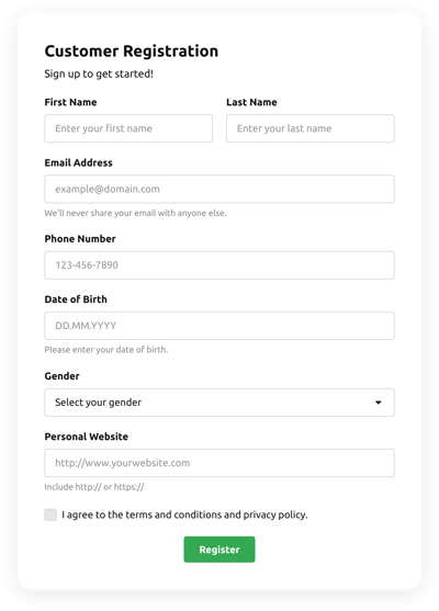 Customer Registration Sign Up Form