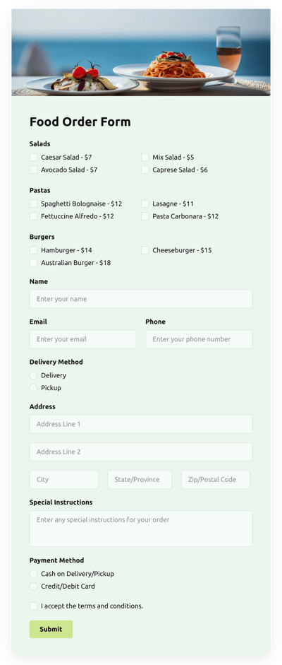 Order Form Templates - Create Online Order Forms for Website