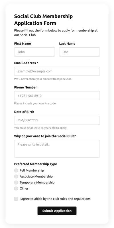 Social Club Membership Application Form