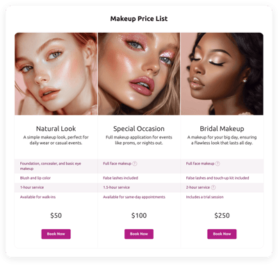 Makeup Price List
