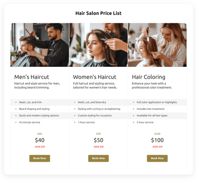 Hair Salon Price List