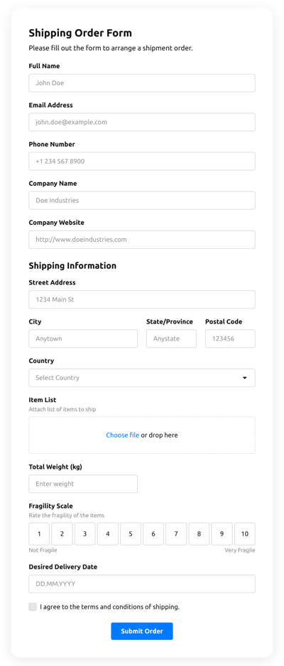 Shipping Order Form
