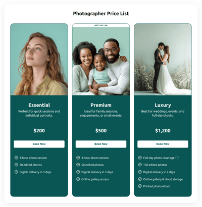 Photographer Price List