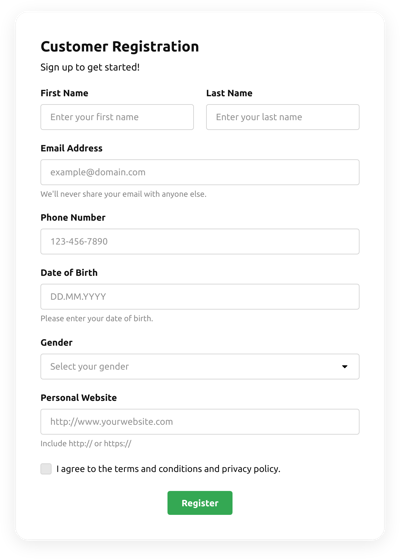 Customer Registration Sign Up Form