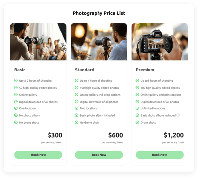 Photography Price List