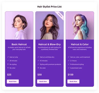 Hair Stylist Price List