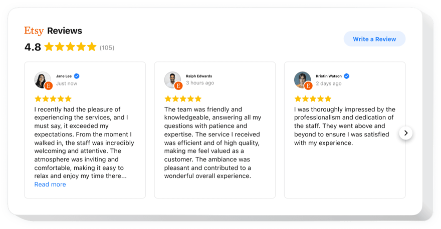 Etsy Отзывы виджет для сайта