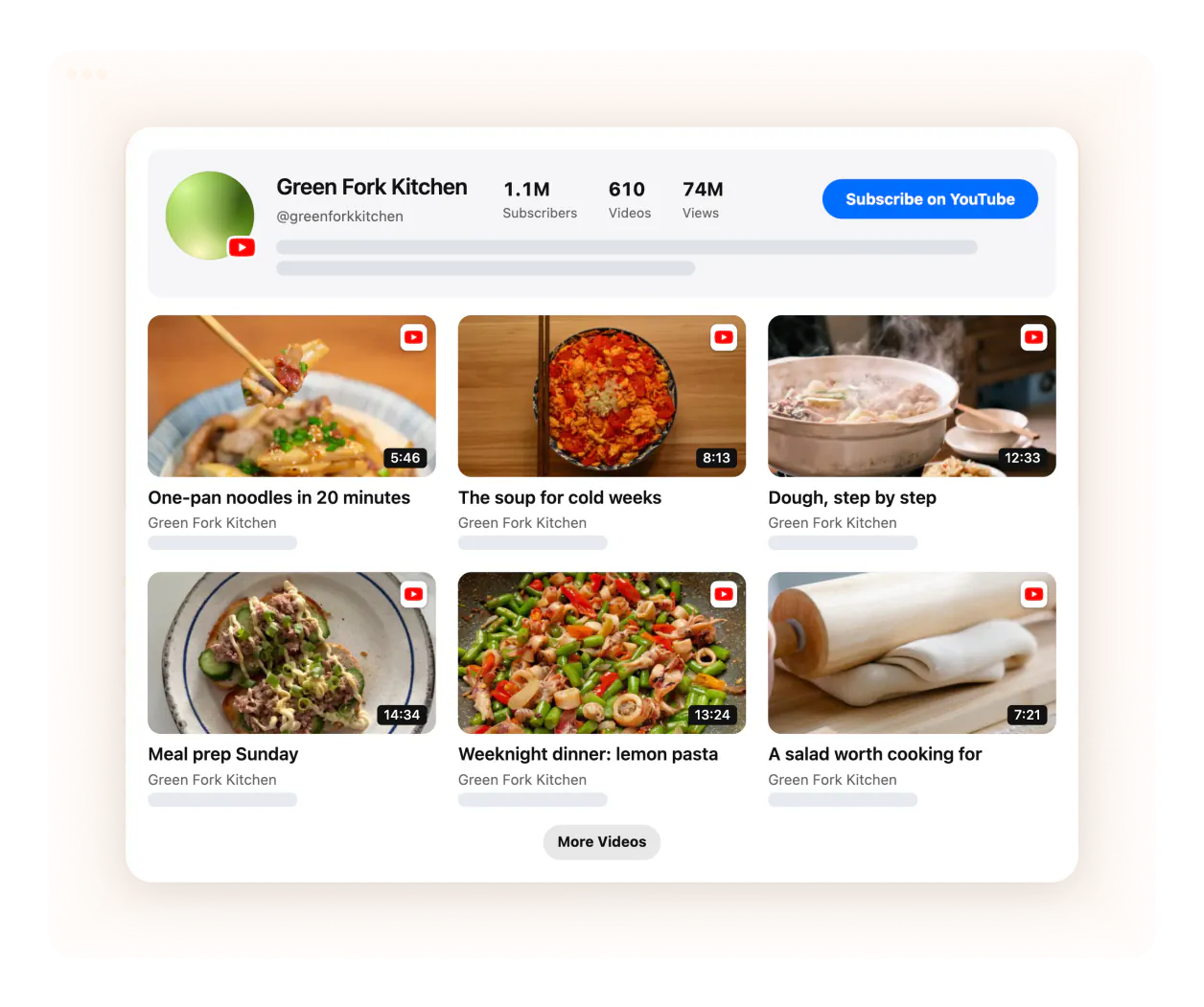 Example — Green Fork Kitchen: the whole YouTube channel as a recipe grid