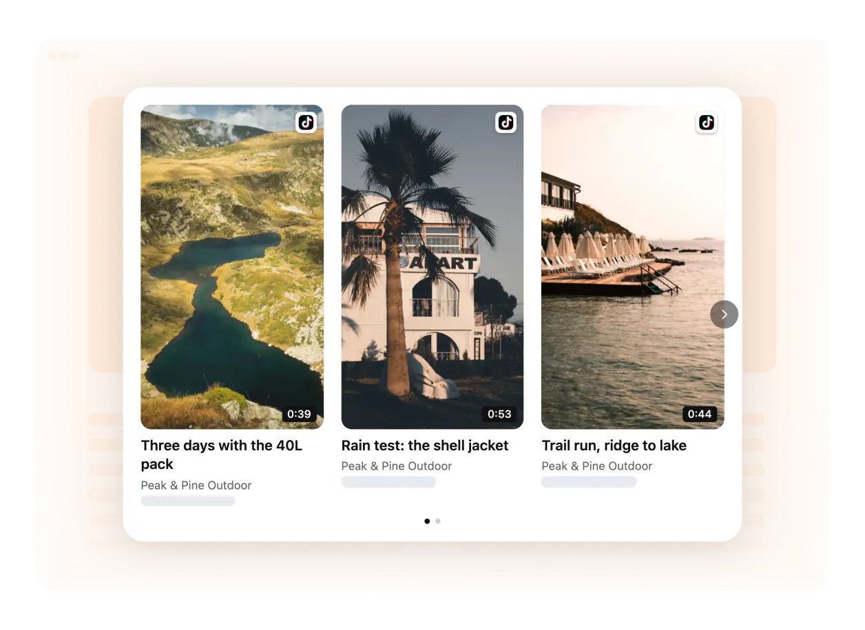 Example — Peak & Pine Outdoor: customer TikToks of gear in action, vertical