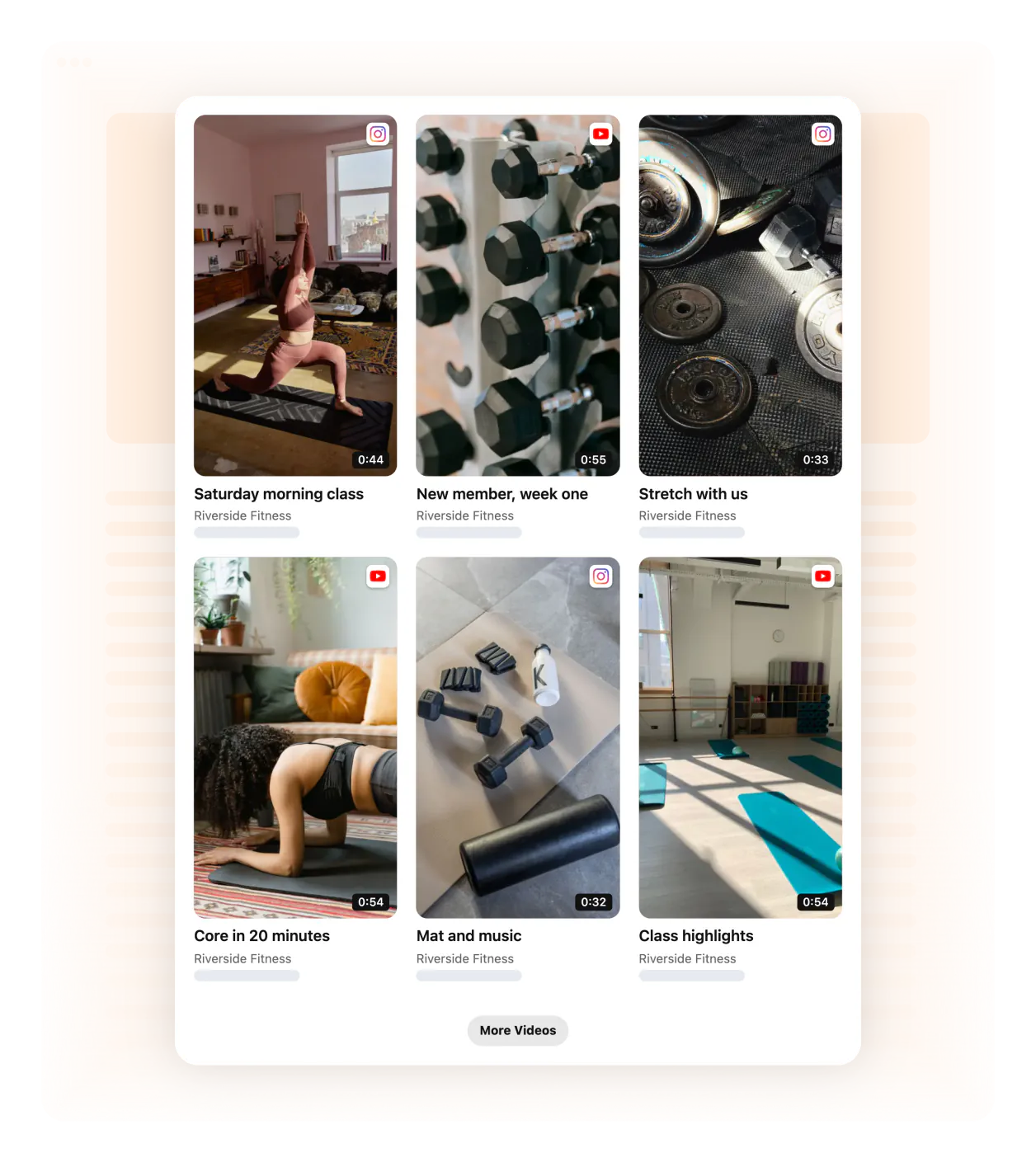 Example — Riverside Fitness: class clips from Instagram and YouTube mixed in one wall