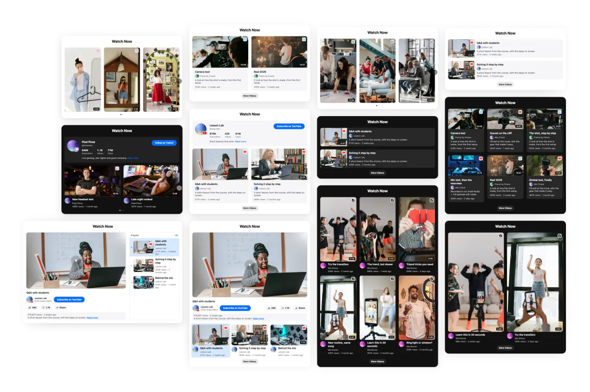 A collage of a dozen galleries — every layout, the three card styles, light and dark, header on and off — the widget at a glance