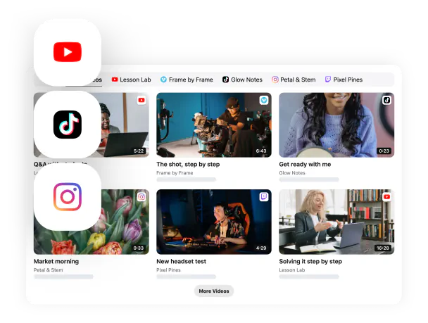 Multi-Source Gallery — grid with tabs, YouTube / TikTok / Instagram tiles
