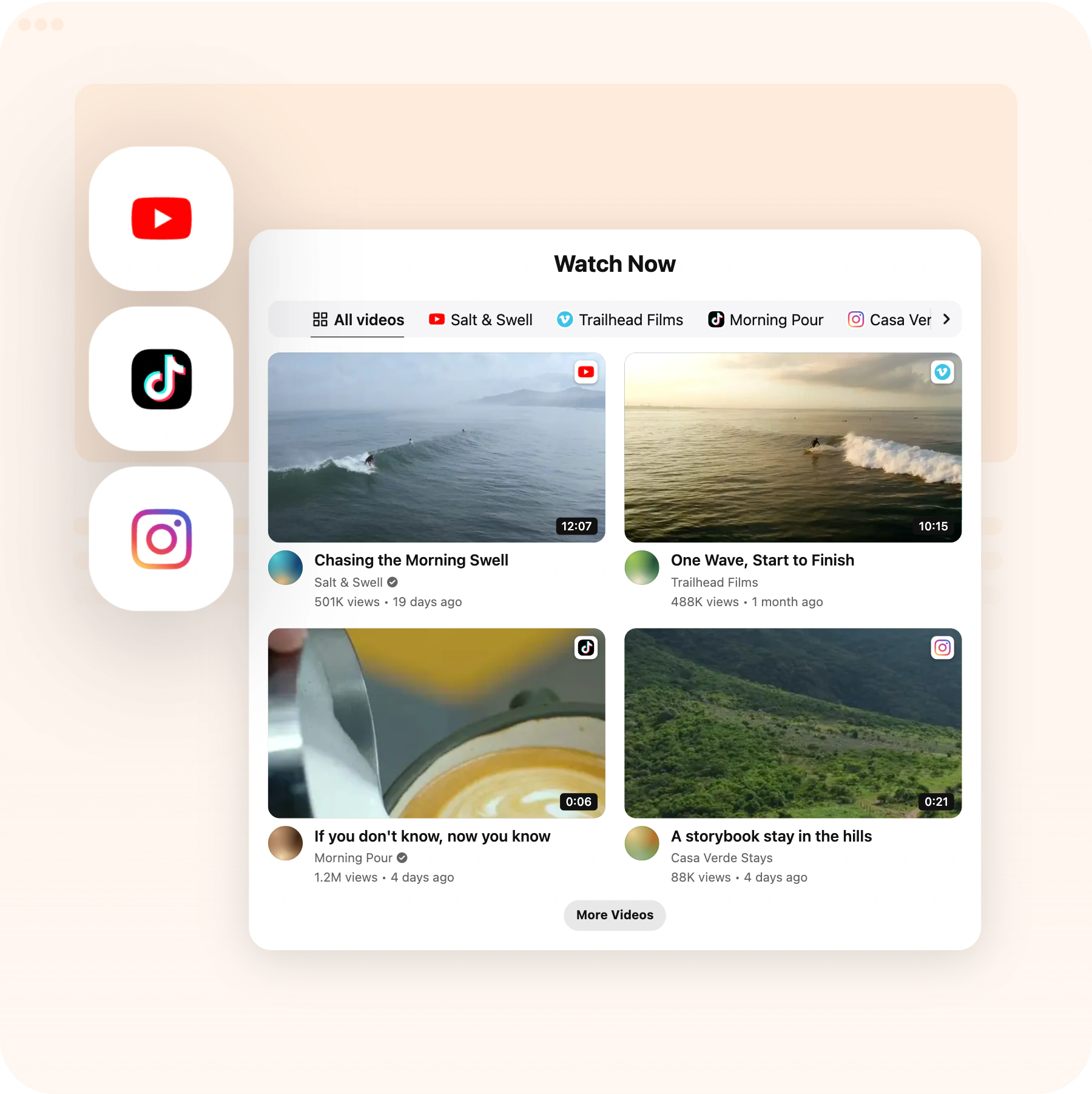 Template page — the multi source video gallery preset, with the youtube, tiktok, instagram tiles, straight on