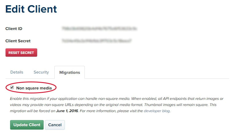 Instagram Client ID settings for non-square photos