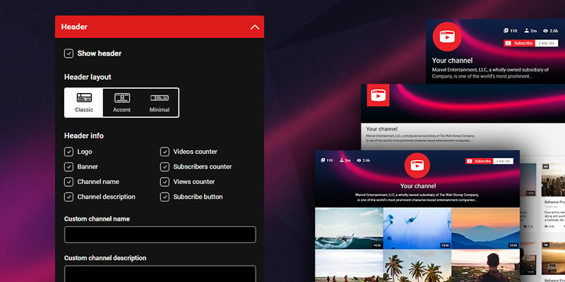 Yottie “Header” Tab and How to Present YouTube Channel Info