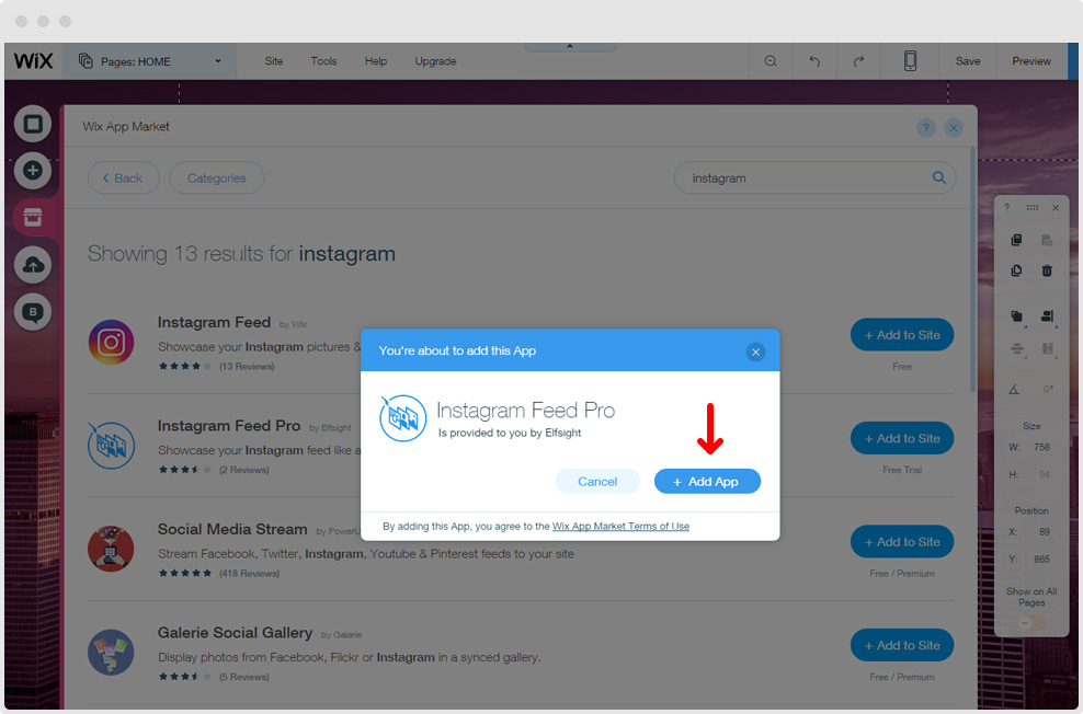 Add Instagram App to Wix