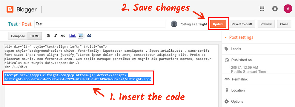Insert the Instagram feed and save the changes