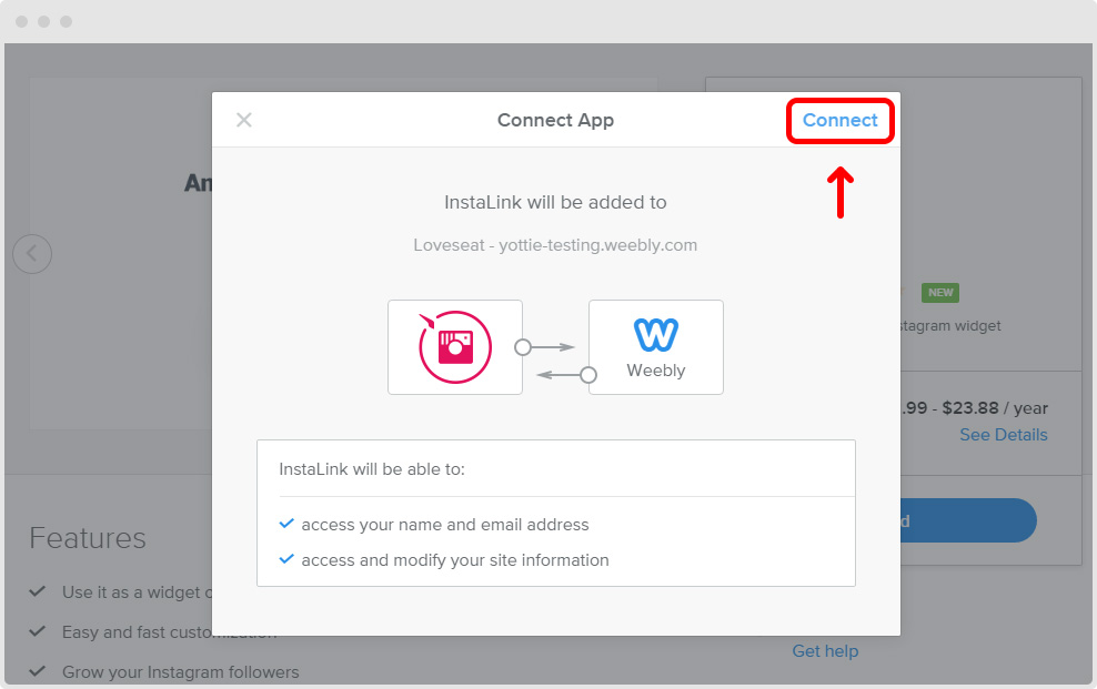Connect Instagram App to Weebly