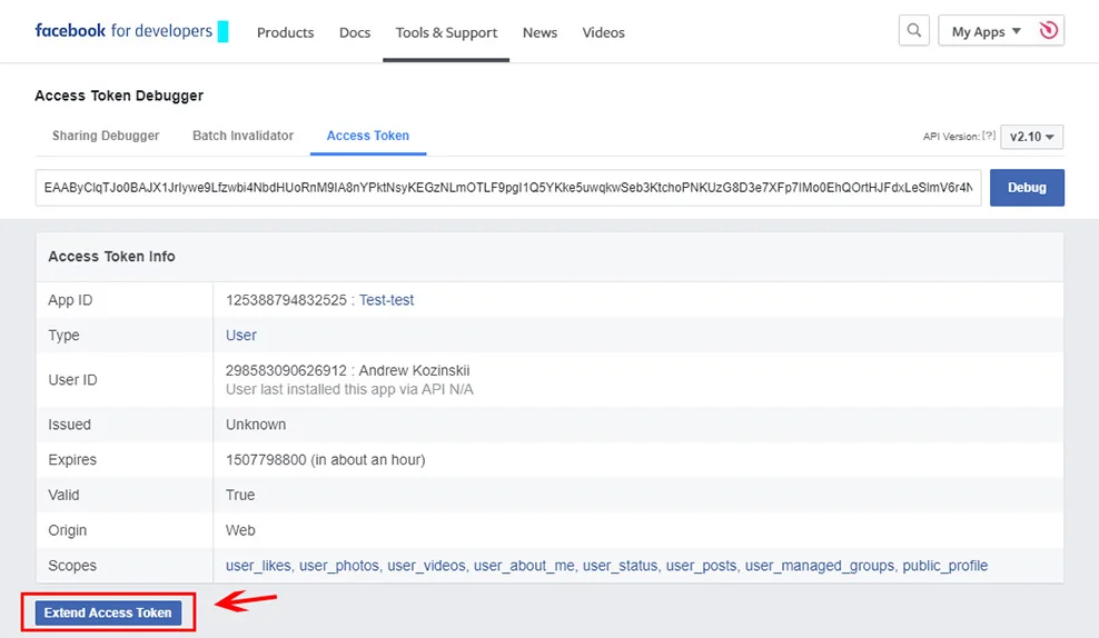 Press extend Facebook Access Token