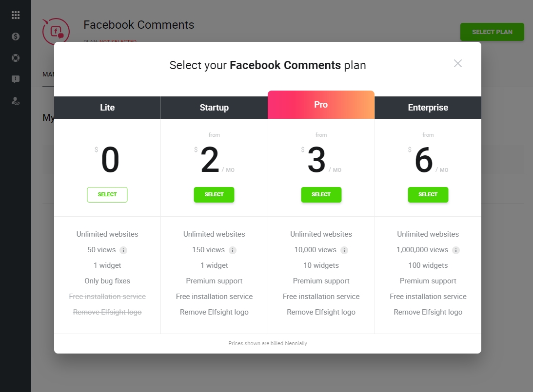 Select your Facebook Comments module plan