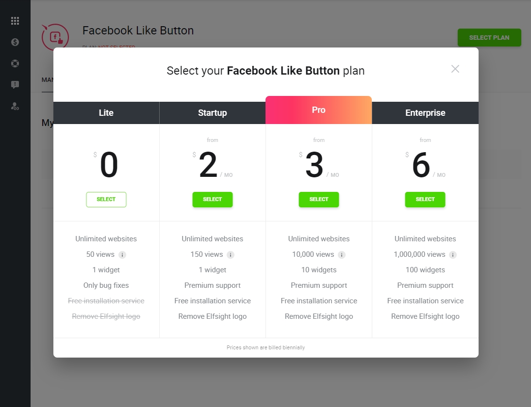 Select your Facebook Like Button module plan