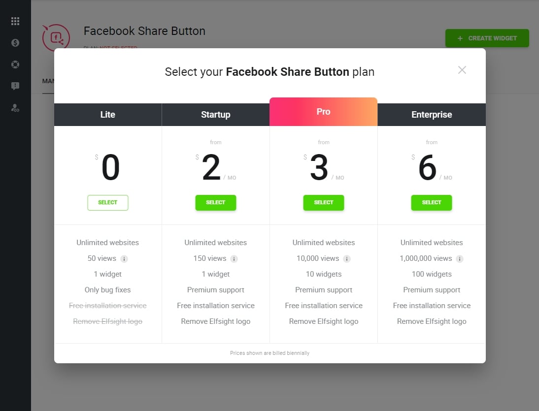 Select your Facebook Share Button module plan