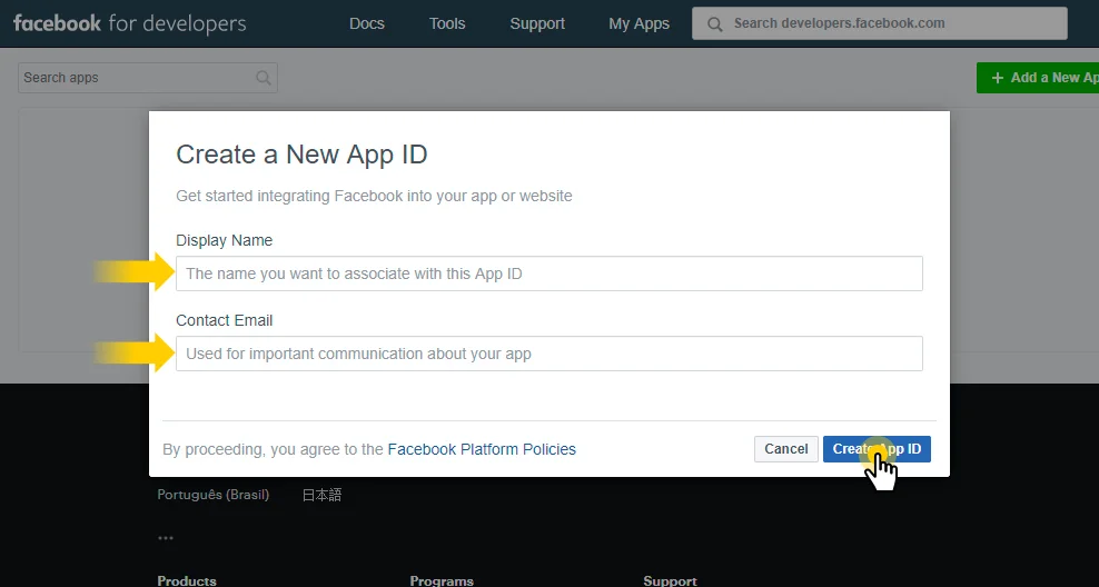 Create a new Facebook App ID