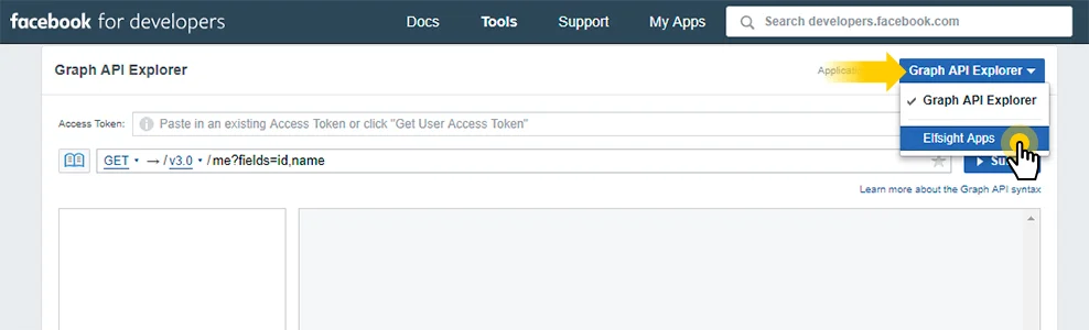 Elige tu aplicación en Graph API Explorer