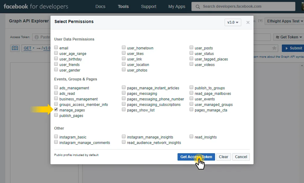 Permissions to display your Facebook page