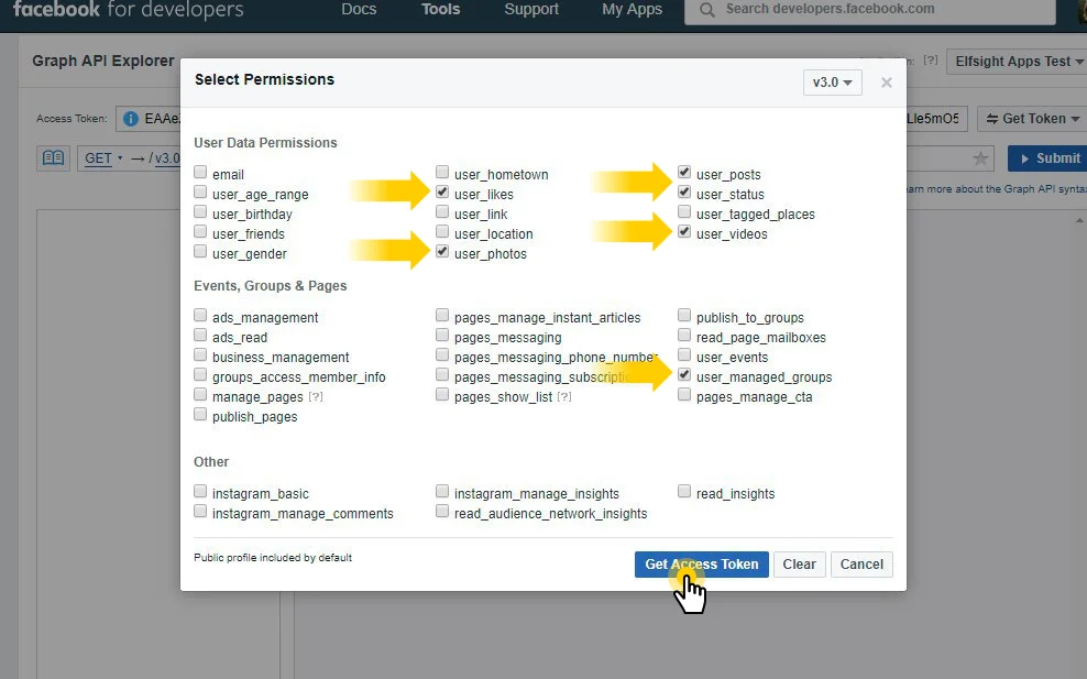 Permissões para exibir seu perfil do Facebook