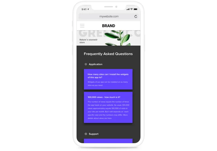 FAQ block view on a smartphone