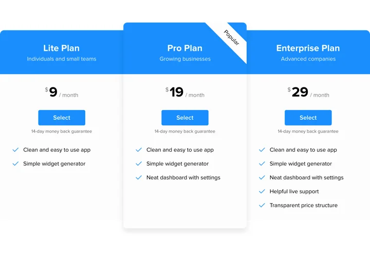 Pricing Table app for Weebly