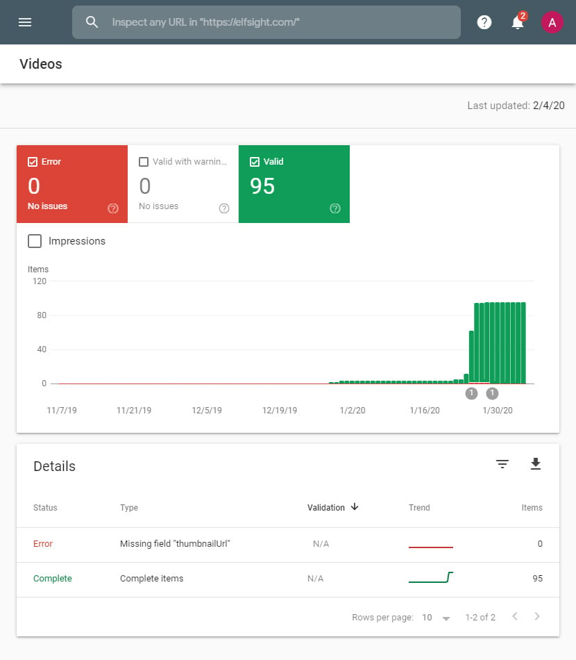 google search console for event snippet