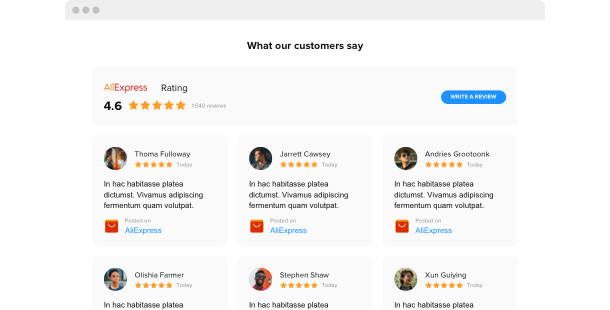 Showcase customer testimonials from AliExpress on your product pages