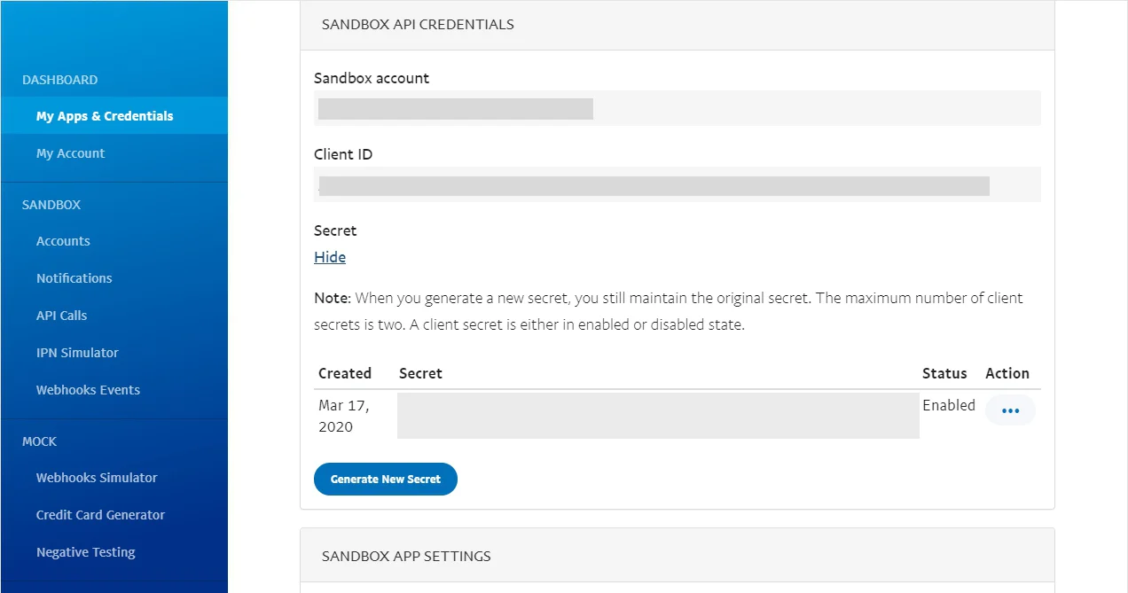 Client ID, Sandbox account and Secret on PayPal