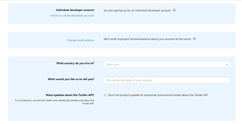 required fields in the twitter developer's account
