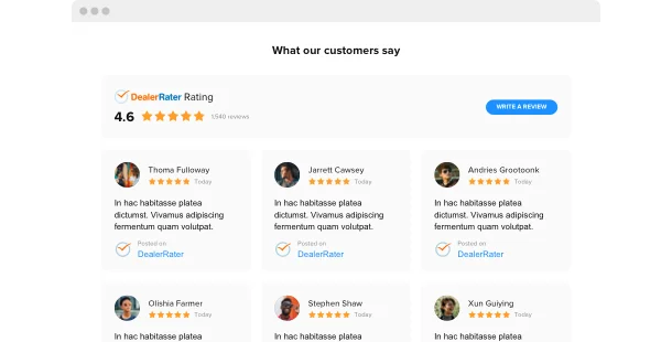Display positive reviews on your services from DealerRater right on your website