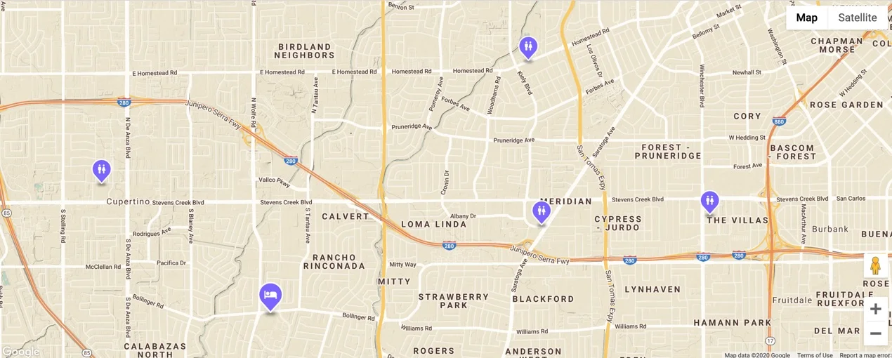Esempio di Google map: Una mappa con colori personalizzati e indicatori suddivisi in categorie