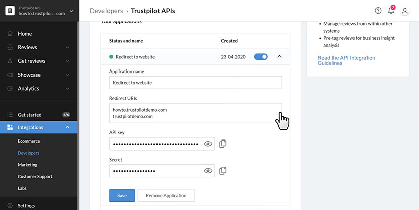Trustpilot API key and secret