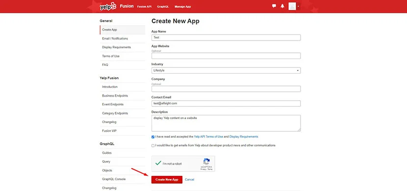Yelp Fusion API example of application form