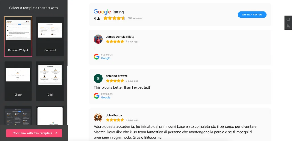 Google Reviews widget standard template