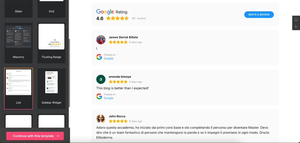 Google Reviews List template