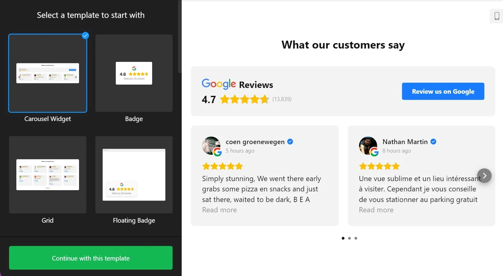 Select a Google Reviews template to start with