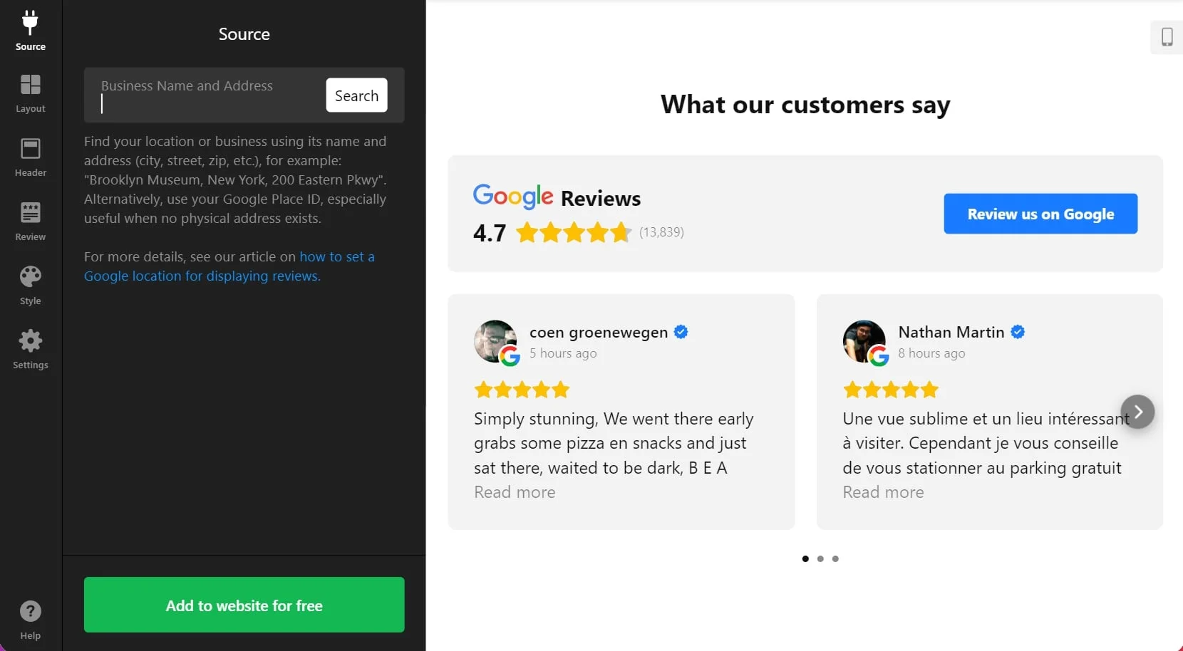 Add sources to display your reviews