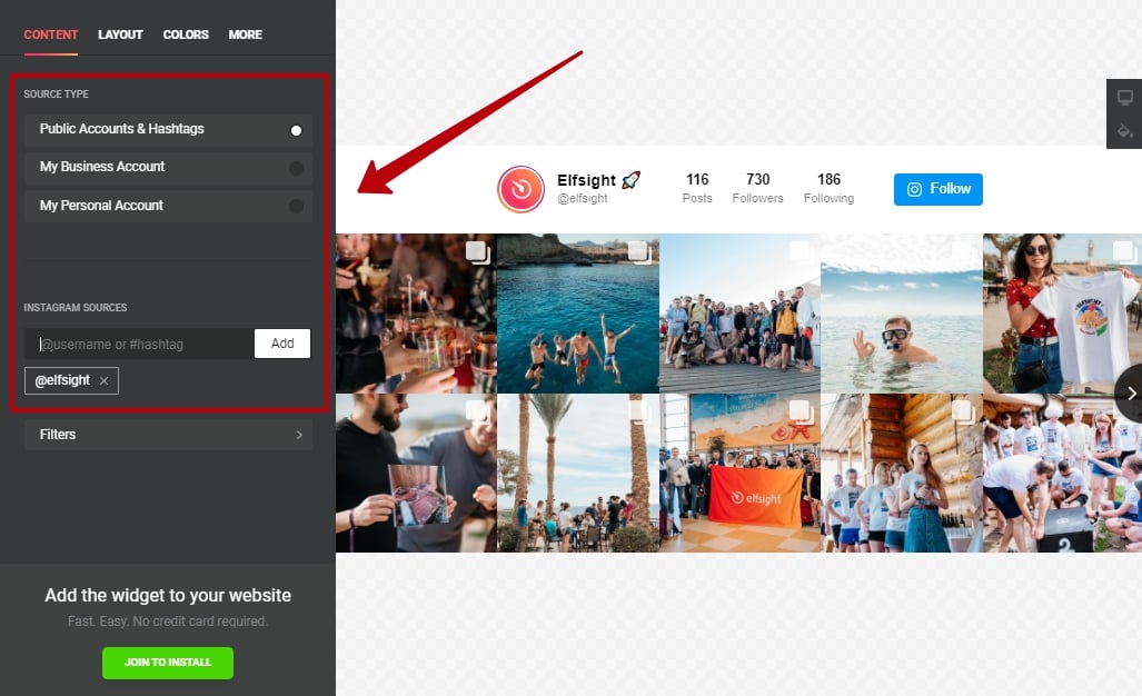 Add sources to Elfsight Instagram Feed